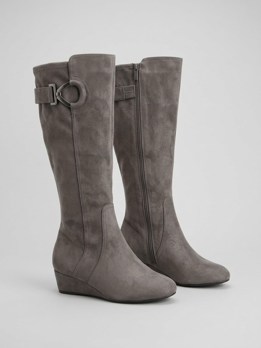 Impo Gray Suede-Look Knee Boots with Buckle Accent